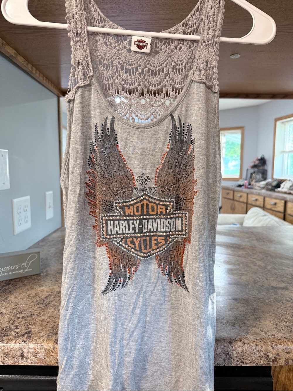Harley-Davidson Gray Tank with Winged Logo and Crochet Back